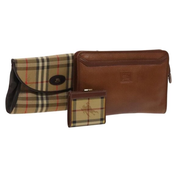 BURBERRY Nova Check Clutch Bag Canvas Leather 3Set Beige Brown Auth bs24899 - Picture 1 of 16